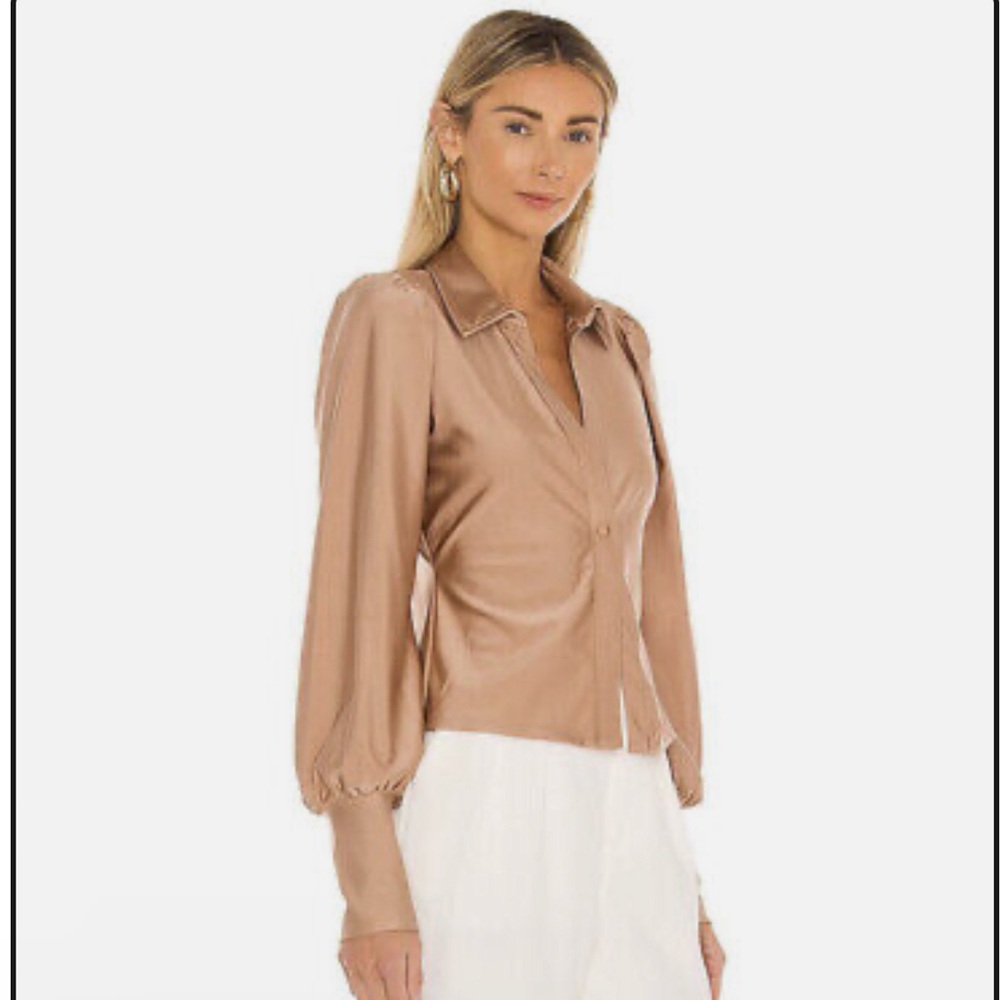 AFRM Satin Puff Sleeves Zayne Button Gront Top Blouse In Sienna Size XS